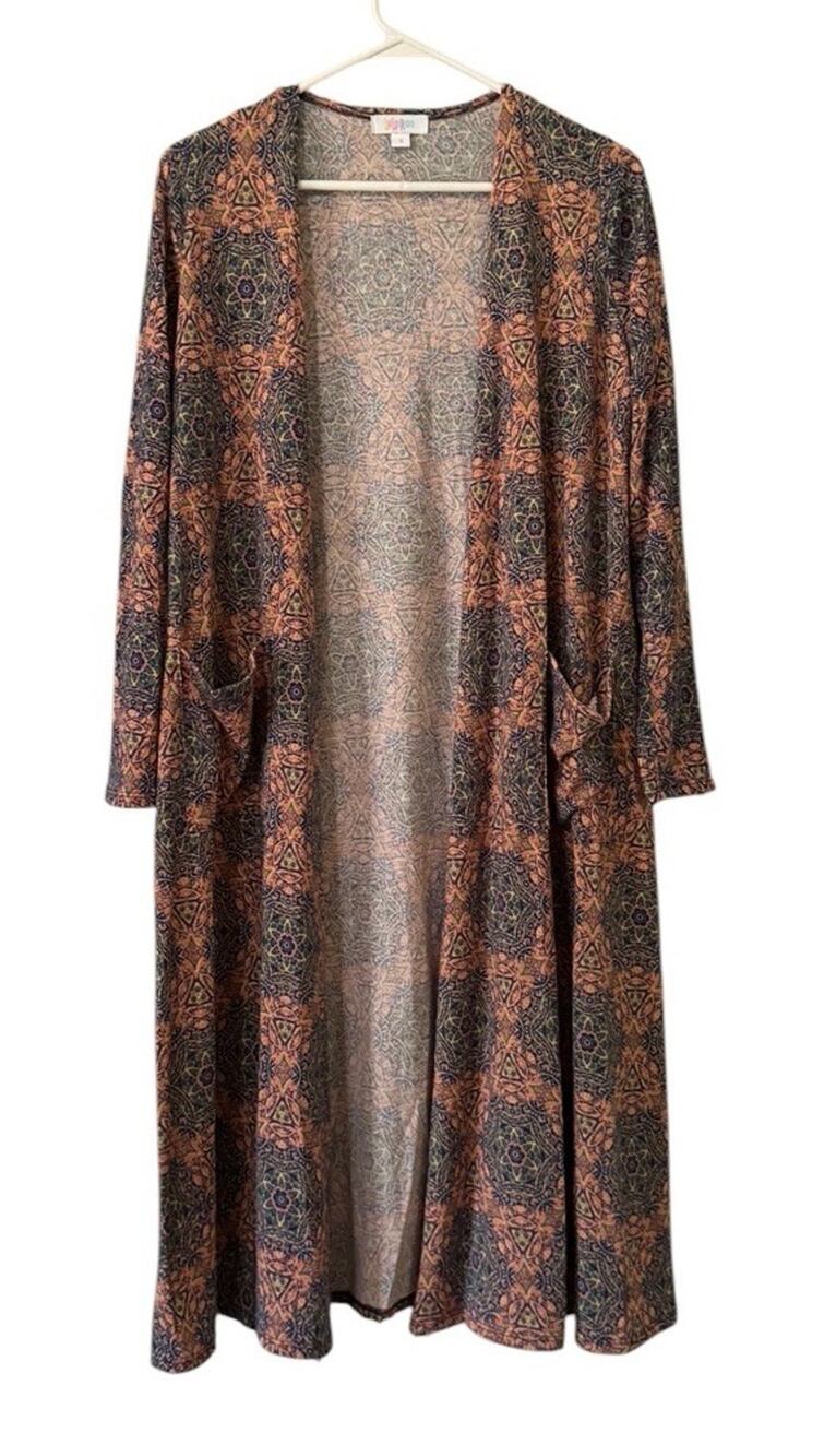 LuLaRoe Women Size Small Long Cardigan Open Front Duster Geometric Pockets City‎